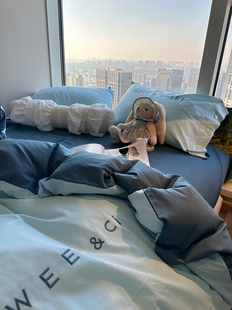 ins民宿公寓天蓝色床单，被套床上用品四件套全棉，1.5m1.8米纽扣枕套