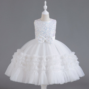 女童白色婚纱裙夏季礼服，公主裙子儿童，亮片蓬蓬背心连衣裙表演出服