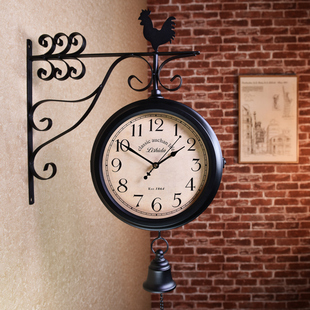 美式铁艺静音双面钟表，挂钟客厅欧式北欧创意，挂表复古工艺两面时钟