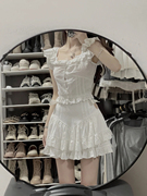 甜美时尚套装女夏季白色木耳边V领衬衫上衣高腰A字半身裙两件套潮