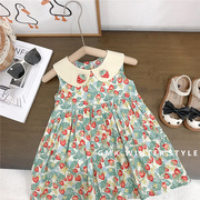 韩版女童装连衣裙 2024夏季亲子家儿童草莓娃娃领无袖公主裙