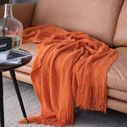 针织纯色床尾巾搭毯沙发装饰毛线编织毛毯简约风桔色春秋