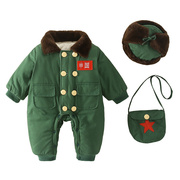 婴幼儿夹棉套装加绒加厚东北军，绿大衣男女宝宝冬季保暖连体小棉袄