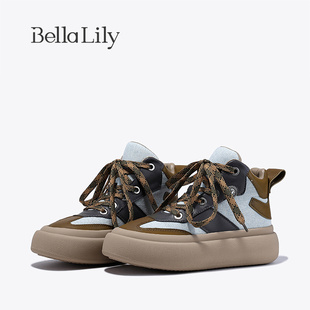 bellalily春季增高拼色高帮，鞋女牛仔布板鞋透气帆布鞋子