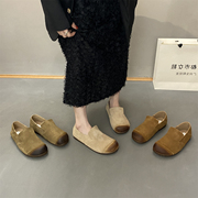 韩版时尚圆头平底一脚蹬单鞋软底舒适简约气质豆豆鞋磨砂皮小皮鞋