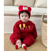 婴幼儿冬季红色毛绒喜庆夹棉加厚卫衣男女宝宝龙年加厚保暖拜年服