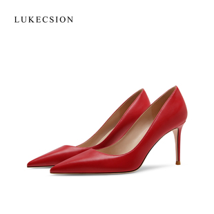 lukecsion红色高跟鞋女2023年性感，ol尖头浅口8cm细跟真皮单鞋