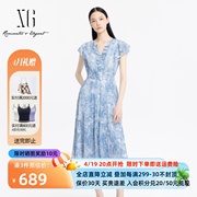 xg雪歌新中式轻国风连衣裙女2024夏V领气质长裙XJ204053B496