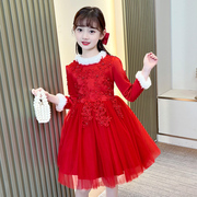 冬季女童装加绒长袖连衣裙，儿童红色蓬蓬公主裙子花，童礼服婚纱裙白
