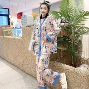 睡衣女流行穿搭开衫深色拼图长袖v领两件套休闲宽松大码家居服套