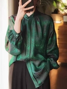 绿色印花雪纺衬衫上衣秋季女装2023年今年流行的漂亮重工小衫