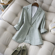日式夏季西装女薄款外套小个子抹茶绿西服清新百搭七分袖上衣