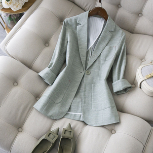日式夏季西装女薄款外套，小个子抹茶绿西服，清新百搭七分袖上衣