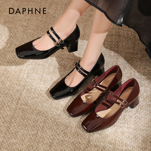 达芙妮玛丽珍女鞋2024法式温柔单鞋仙女风复古粗跟黑色高跟鞋