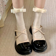 白色一字蝴蝶结中筒袜子女夏季薄款天鹅绒jk堆堆袜玛丽珍小腿袜