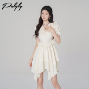 Palglg2023雪纺蕾丝裙子白色V领连衣裙女夏季高腰不规则短裙