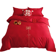 新中式婚庆床品红色四件套纯v棉100支长绒棉喜字，刺绣结婚被套床单