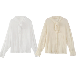白色简洁立领系带设计雪纺衫长袖百搭单排扣上衣时尚休闲洋气L¥1