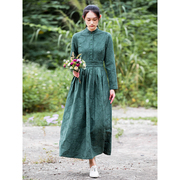 仙衣裾原创设计师墨绿色连衣裙，提花立领长袖气质女士高级感长裙子