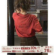 jmwomen酒红色印花短袖，t恤女夏季日系复古学生宽松半袖t恤上衣