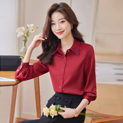 红色衬衫女长袖2023秋季时尚洋气休闲职业，ol气质雪纺衬衣套装