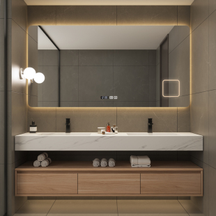 轻奢风岩板一体盆实木浴室柜，组合简约洗手池，卫生间洗漱台盆智能镜