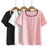 夏季韩版休闲大码上衣显瘦小清新方领钉扣短袖坑条T恤女款