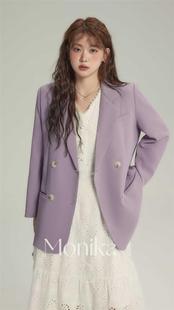 摩妮卡大码女装紫色西装胖mm显瘦2024秋装，中长款宽松外套长袖西服