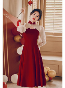长袖旗袍敬酒服新娘订婚连衣裙小个子平时穿回门红色高级感礼服秋