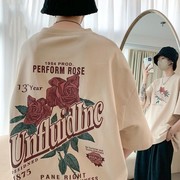 特大码300斤复古玫瑰短袖T恤男女夏季美式潮牌宽松上衣设计感体恤