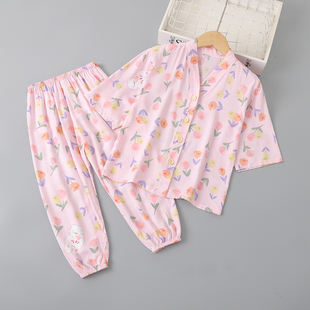 夏季儿童棉绸睡衣七分袖薄款宝宝，女孩绵绸套装男童女童空调家居服