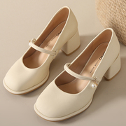 法式玛丽珍鞋女白色春季时尚高跟鞋不累脚粗跟复古气质女单鞋