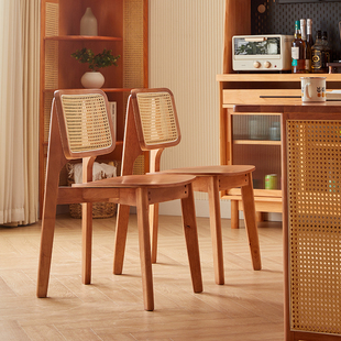 实木藤编餐椅家用现代中古藤椅北欧靠背，椅子侘寂复古设计师餐桌椅