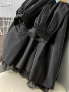 赫本风蛋糕小黑裙外贸纸感工艺高支棉蕾丝边松紧高腰中长款半身裙