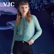 vjc威杰思秋冬女装，绿色马海毛衫时尚，钉珠短款针织外套