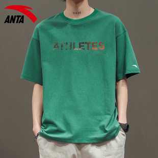 安踏短袖男绿色2023夏季棉质宽松套头衫运动休闲T恤