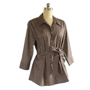 复古vintage风棉质咖啡色圆点，波点中长款长袖，衬衫宽松版