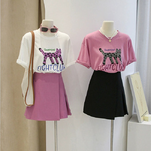 韩版宽松显瘦复古字母卡通，印花纯棉短袖，t恤女大版白色粉色t恤薄