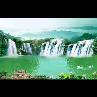 鱼缸水族箱高山流水瀑布背景，画3d高清缸外贴纸壁图福造景装饰