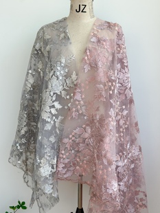 紫色灰色亮片植物花卉提花法式刺绣网纱蕾丝面料布料旗袍礼服汉服