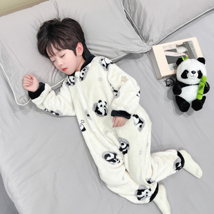 男童睡衣法兰绒加绒加厚款，居家休闲珊瑚，绒双层奥特曼熊猫恐龙爬服