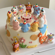 ins风复古立体小动物，过生日蛋糕装饰小熊小兔小牛宝宝周岁蛋糕