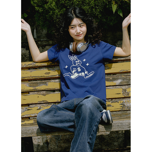 珍妮 圆领短袖T恤女夏季2023学生设计感修身蓝色印花上衣ins