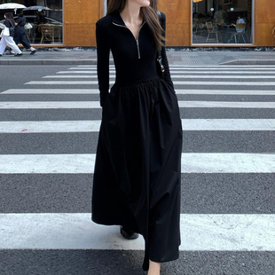 法式假两件黑色长袖连衣裙，女秋季2023赫本风休闲卫衣拼接长裙