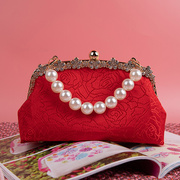红色玫瑰口金材料包手工diy包包珍珠链条镶钻喜庆婚包非成品373#