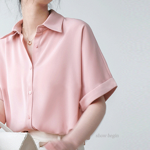 粉红色缎面衬衫女短袖设计感小众上衣2023夏装OL气质职业衬衣