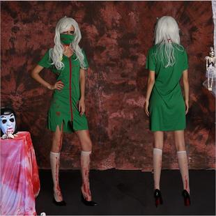 万圣节服装绿色恐怖血迹女护士服 僵尸护士医生舞台表演派对服装
