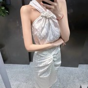 TE shushu虞书欣同款甜美气质连衣裙扭结立体花朵装饰收腰包臀裙