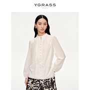 VGRASS甜美白色气质长袖衬衫女24年春季休闲花边织带上衣