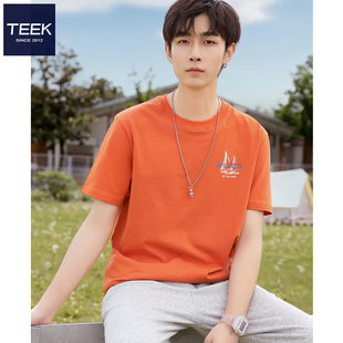 teek男士短袖t恤夏季重磅，橙色帅气学生半袖，青少年男装帆船上衣服